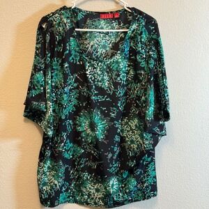 Elle Women's Green Floral‎ Print Blouse Top Small V Neck Casual